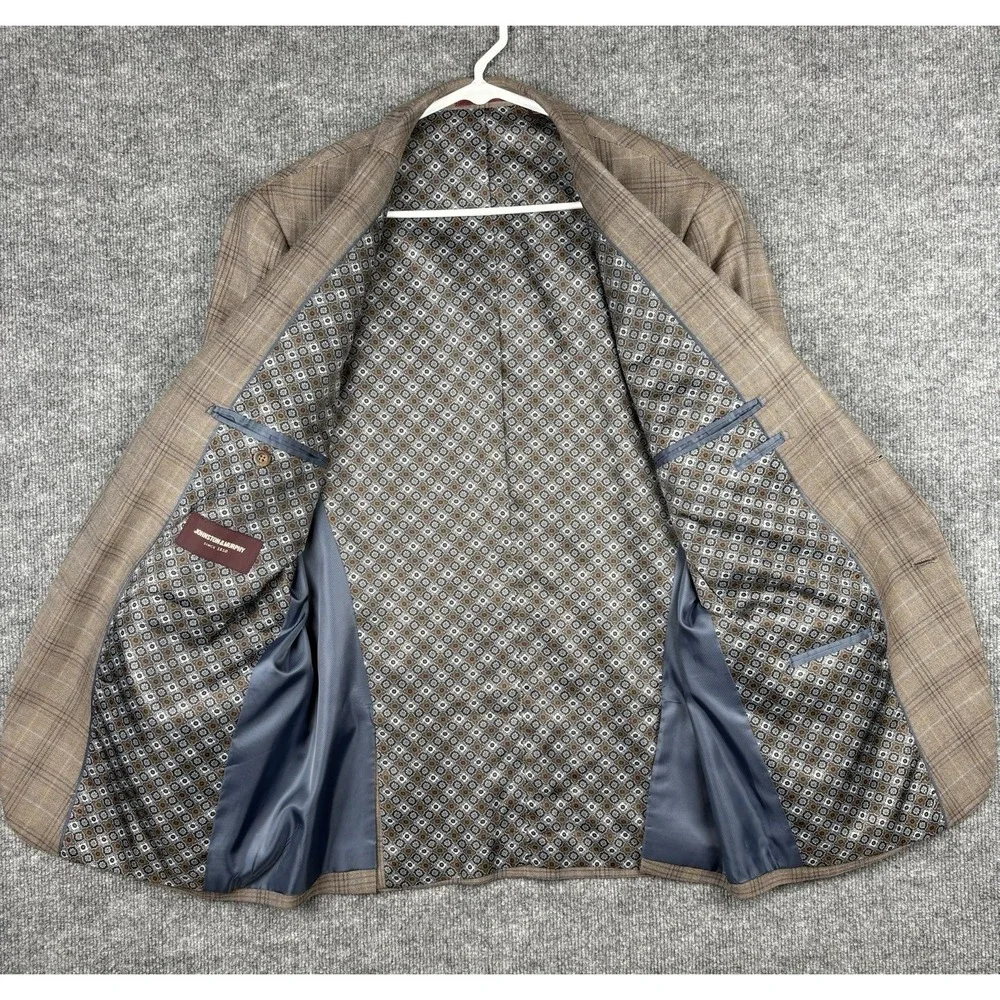 Johnston & Murphy Sport Coat Mens L Tan Plaid 52% Silk 48% Wool Blazer Jacket